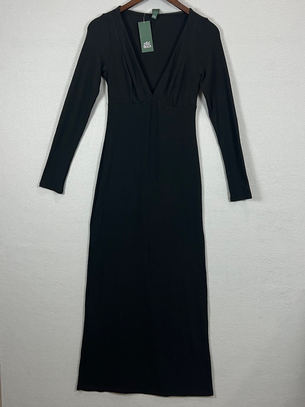 Wild Fable Women's S Black Ribbed Maxi Dress Long Sleeve Deep V Neck Slit